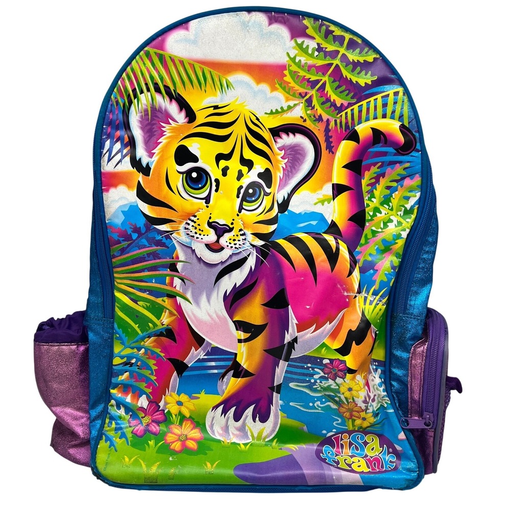 Vtg Backpack 18" Lisa Frank Forrest Tiger Rainbow Y2K Blue Glitter Large FLAWS